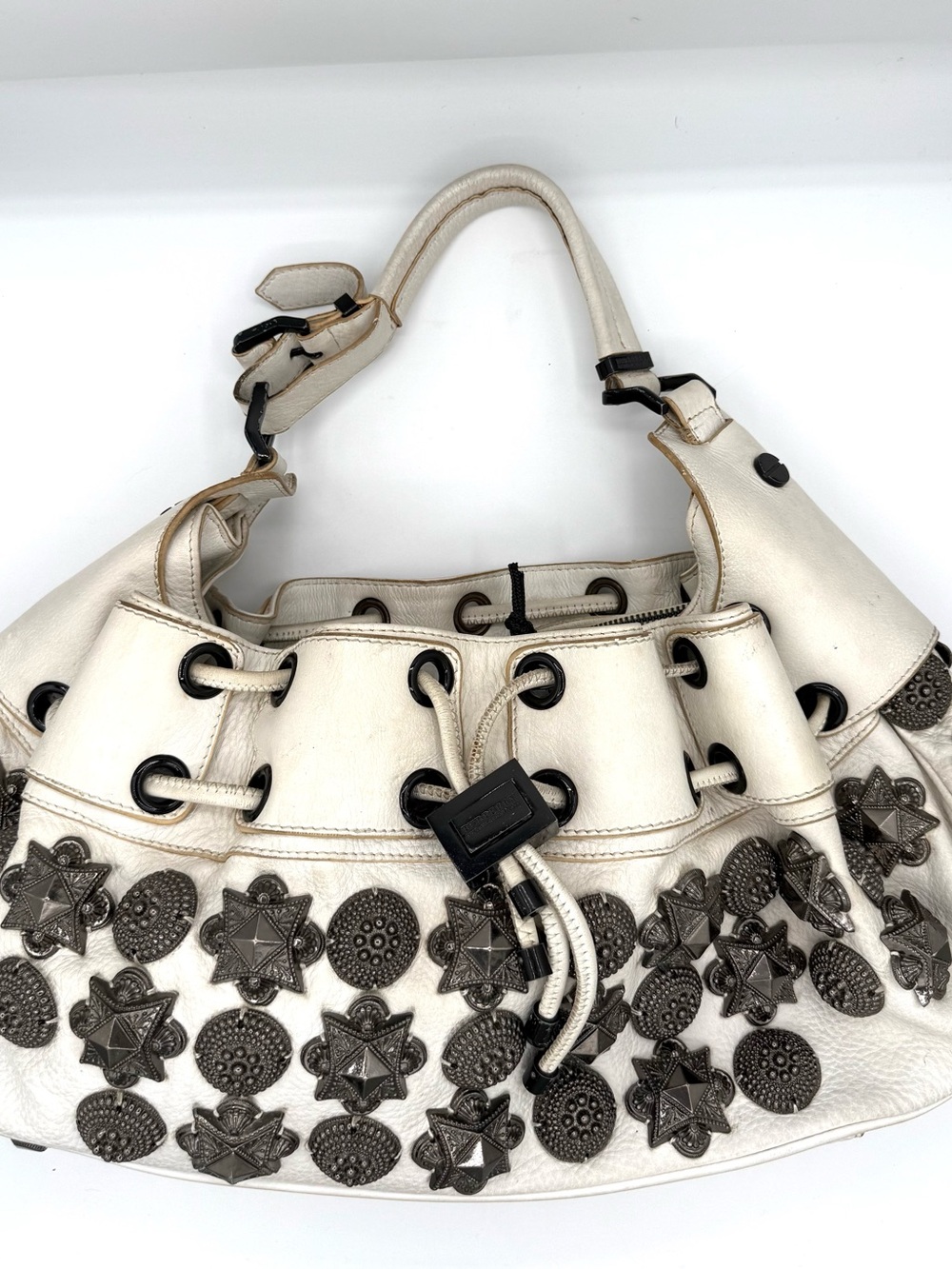 Burberry White Leather Studded Warrior Bag